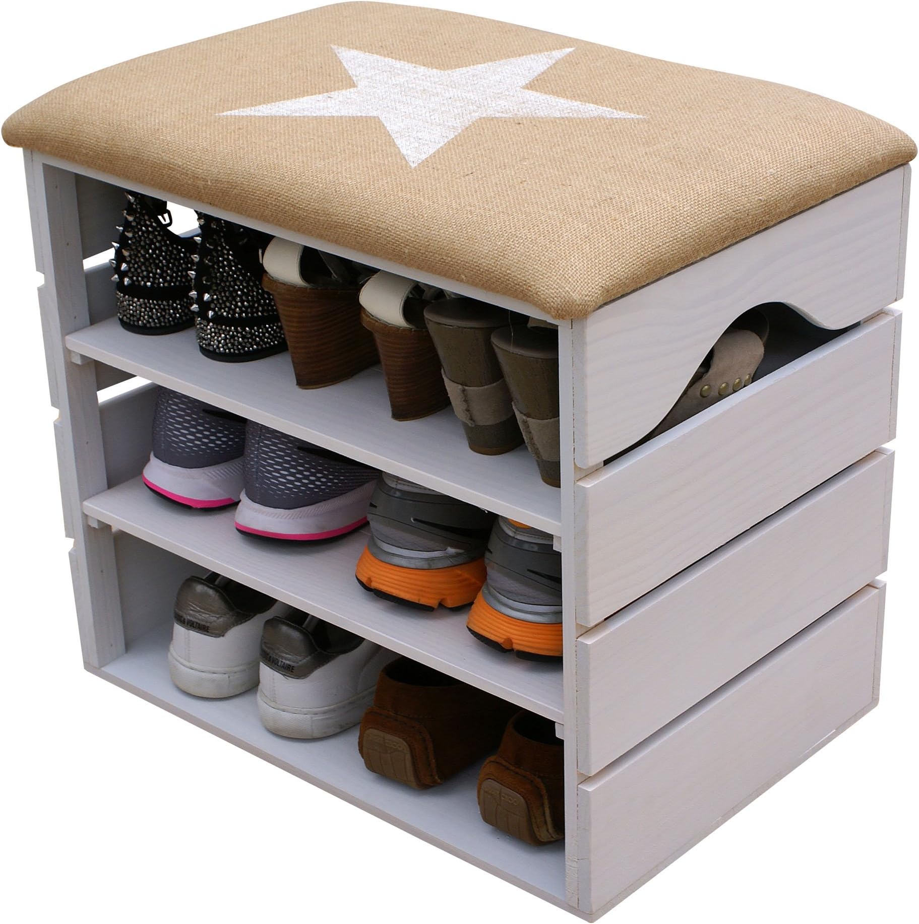 LIZA LINE SHOE RACK (WHITE) - Premium Vintage Wooden Shoes Organiser, Storage, Cabinet, Holder Bench with Soft Seat Cushion for Entryway, Hallway. Solid Nordic Wood - 51 x 47 x 35 cm (White star)