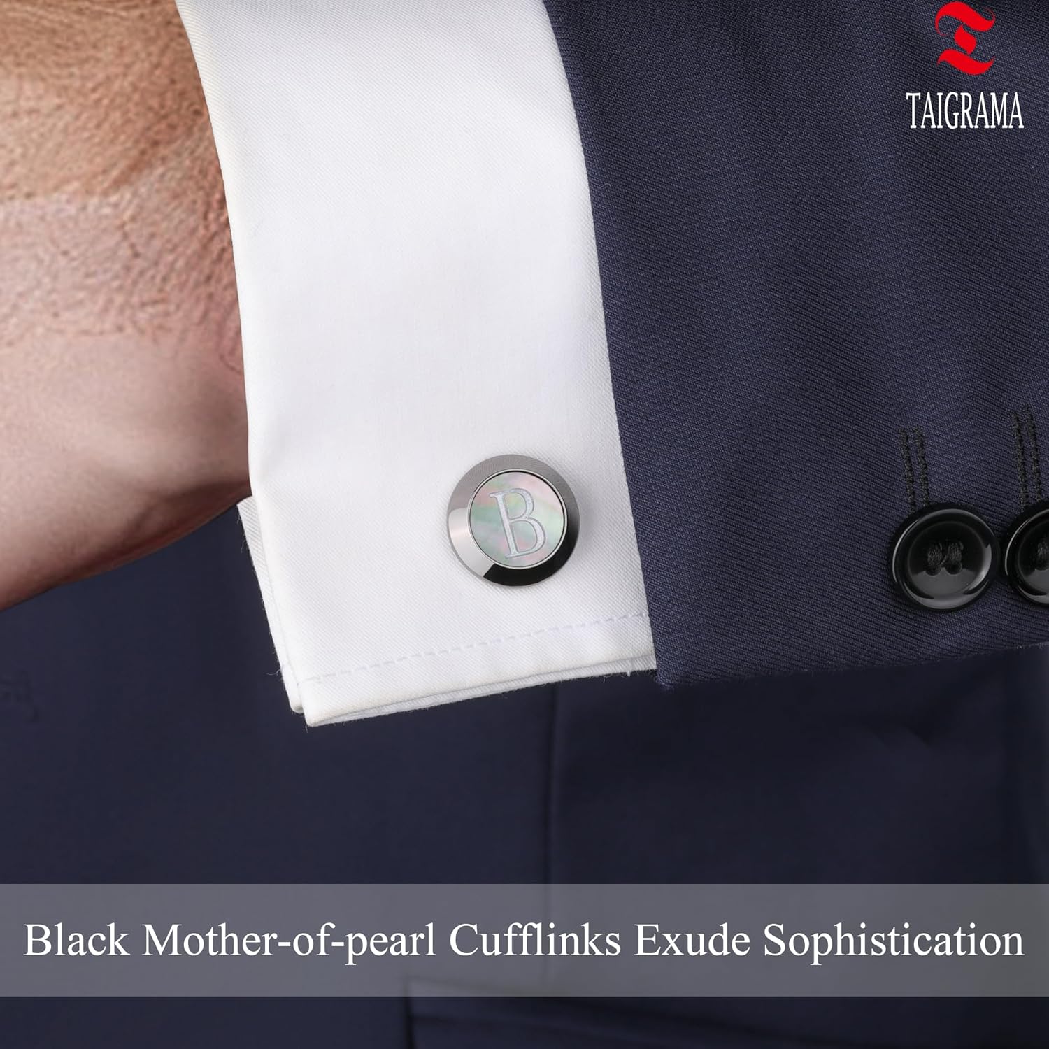 Cufflinks for Men, Black Mother Of Pearl Cuff Links Mens Gunmetal Black Cuff Links Initial Personalized Gift for Groom Husband Father - Image 2
