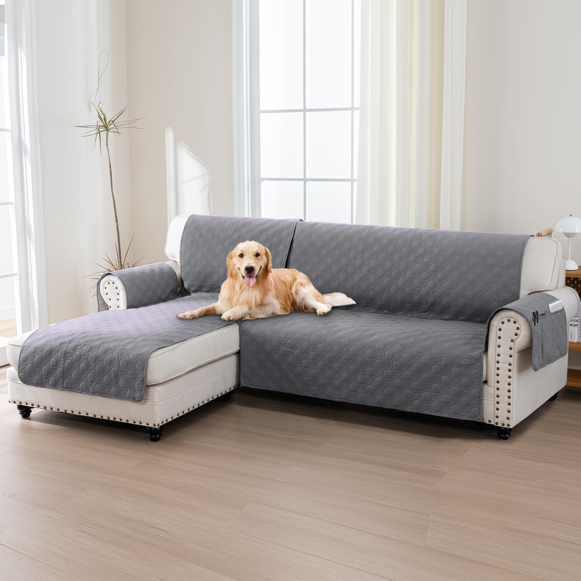 BellaHills 100% Waterproof Couch Covers for Sectional Sofa 2 Piece Sofa Covers Sectional Chaise Sofa Cover L Shaped for Dogs Non Slip (Left Chaise Lounge Cover + 3 Seat Sofa Cover, Grey)