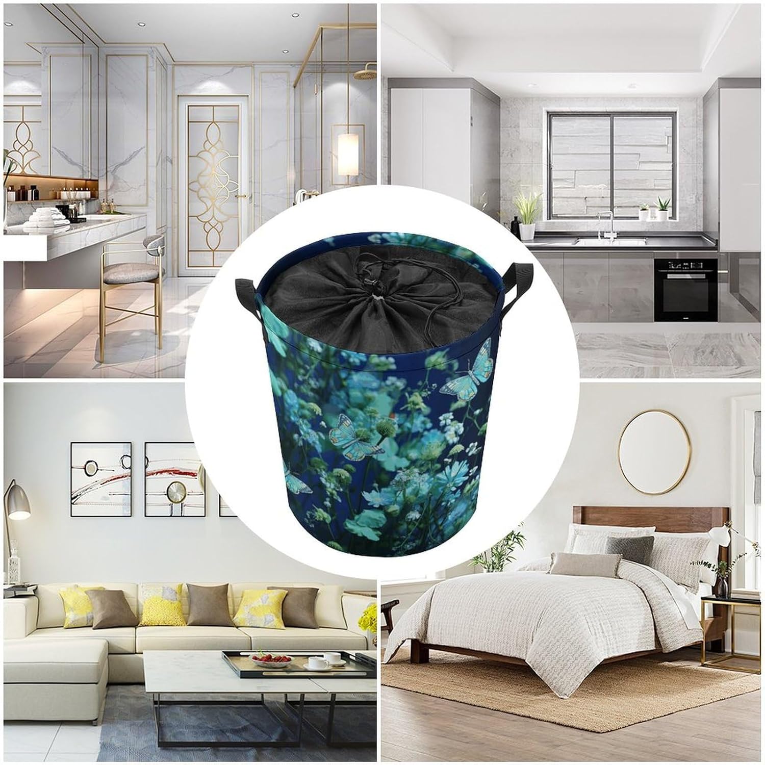 Green Butterfly And Blue Flowers Laundry Basket Collapsible Clothes Hamper with Reinforced Handles Large Capacity Waterproof Laundry Bag Freestanding Laundry Hamper for Bedroom Bathroom