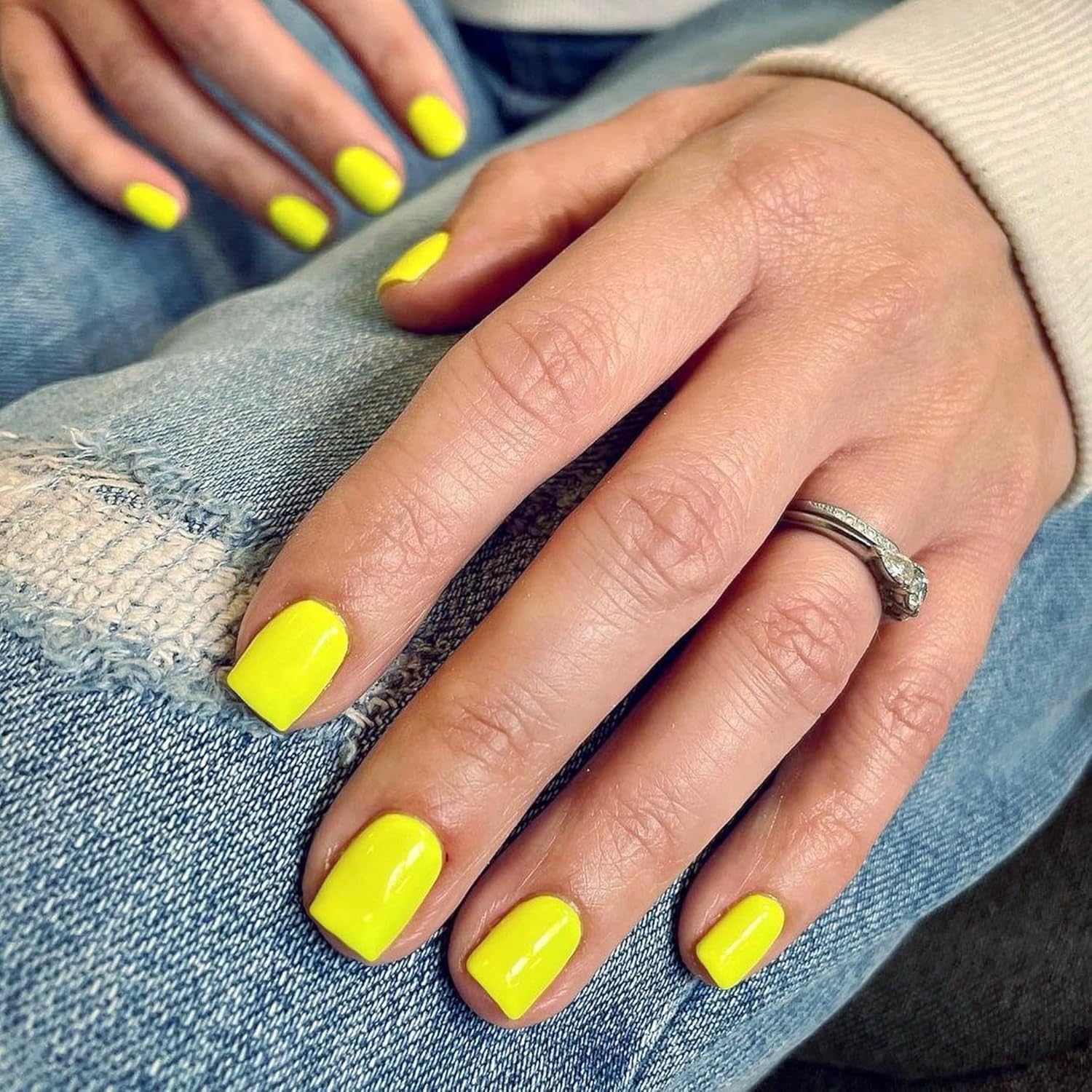 SXVME Yellow Press on Nails Short Square Acrylic Short False Nails Coffin Natural Acrylic Fake Nails Set Elegant Solid Color Full Cover Glossy Gel Stick on Nail for Women Daily Wear 24 Pcs