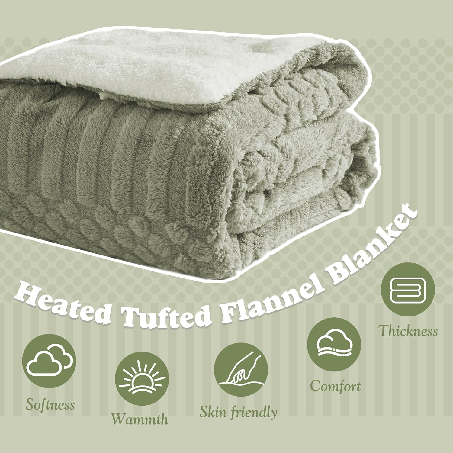 Tufted Heated Blanket Throw Size - Fast Warming with 6 Heat Settings & 4 Hours Auto-Off, Electric Throw Blanket for Couch, 50"x60", Sage Green - Image 4