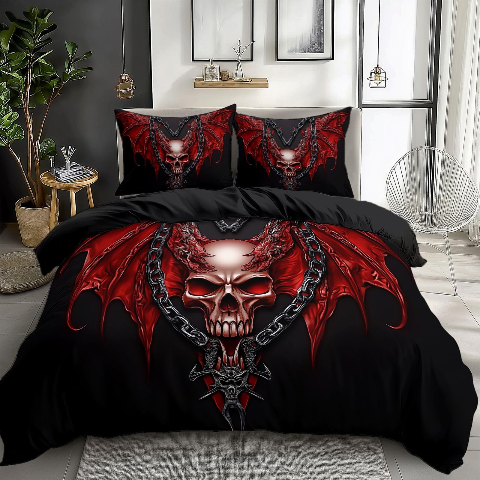 Duvet Cover Twin Size Skull Dragon Wings Iron Chain Bedding Duvet Cover Set Room Decor Bedspread Cover Comforter Cover for Kids Teens, Quilt Cover 3D Bedding Set