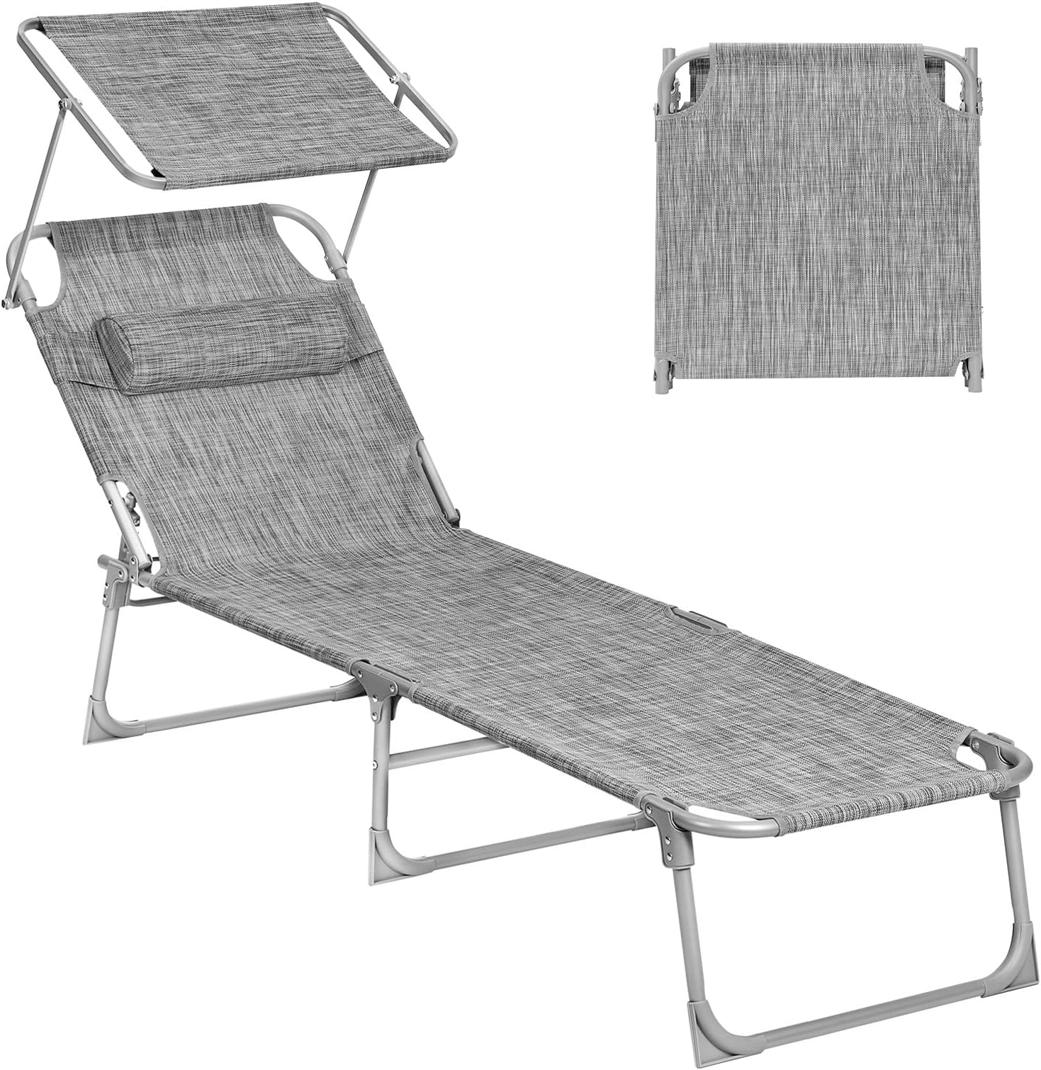 SONGMICS Sun Lounger, Deck Chair Folding, Sunbed, 193 x 53 x 29 cm, Max. Load 150 kg, with Sunshade Headrest Adjustable Backrest, Reclining Sun Chair for Terrace Pool Garden, Greige GCB19T