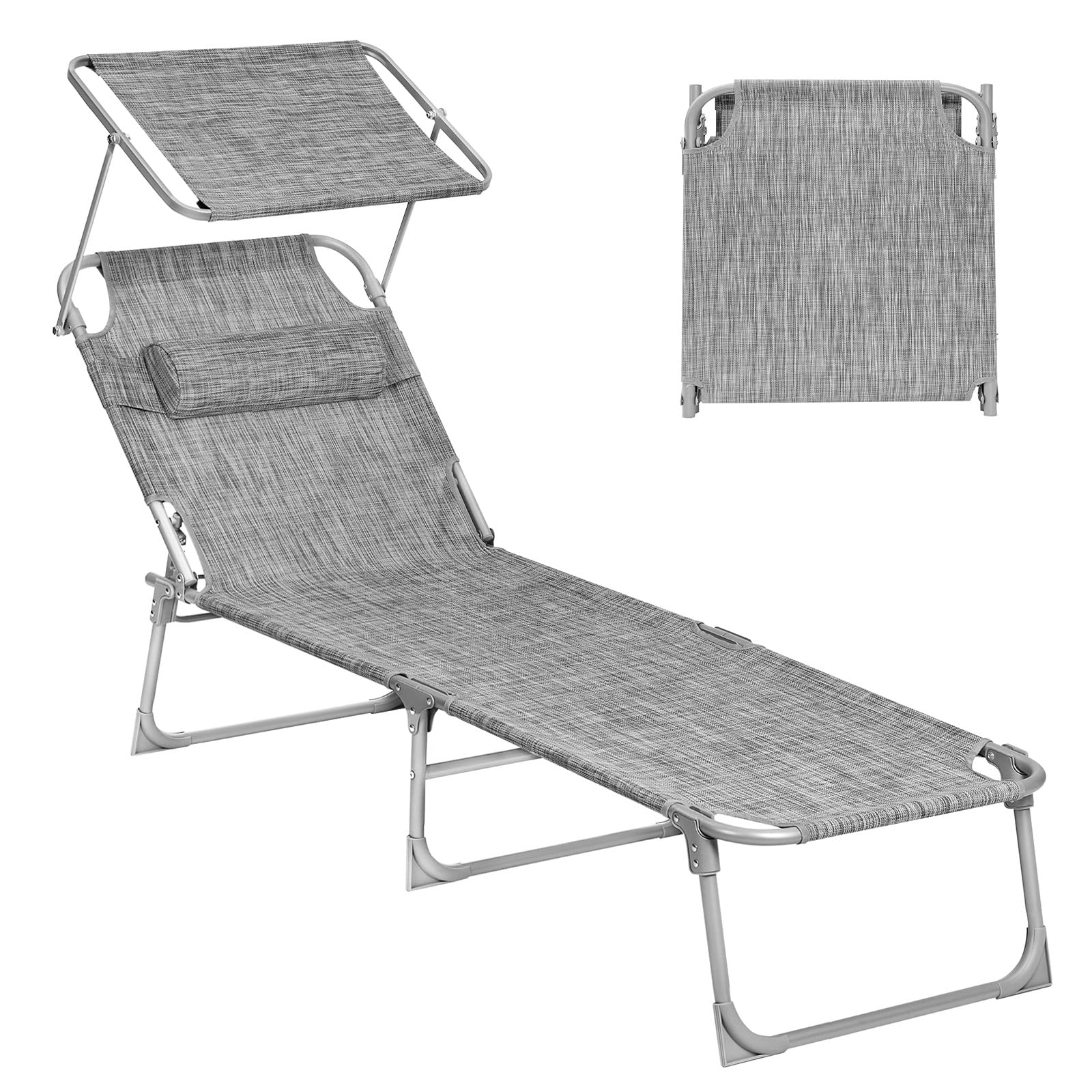 SONGMICS Sun Lounger, Deck Chair Folding, Sunbed, 193 x 53 x 29 cm, Max. Load 150 kg, with Sunshade Headrest Adjustable Backrest, Reclining Sun Chair for Terrace Pool Garden, Greige GCB19T