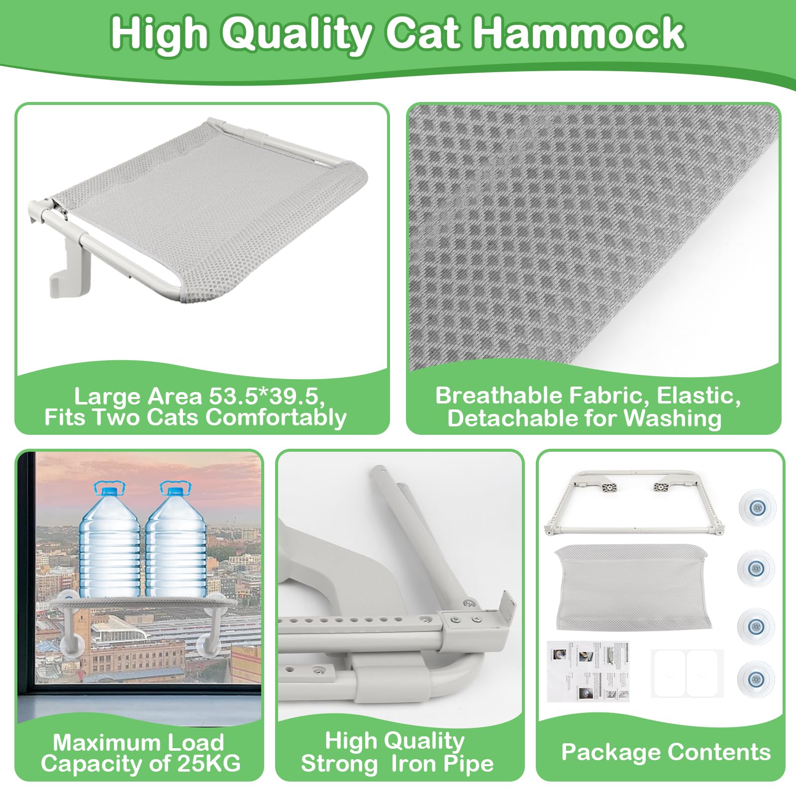 2 en 1 Hamaca Gatos Ventana Plegable Soporta hasta 25 kg Cama Gatos Ventana con Ventosas y Ganchos 53.5x39.5 cm Hamaca Ventana Gato para Interior Exterior, Fácil Instalación - Gris