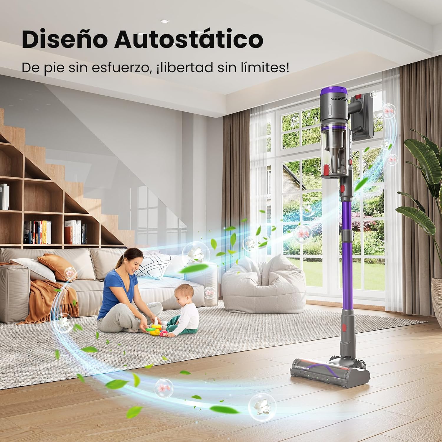 Cordless vacuum cleaner standing upright on its own in a living room, demonstrating its self-standing design.