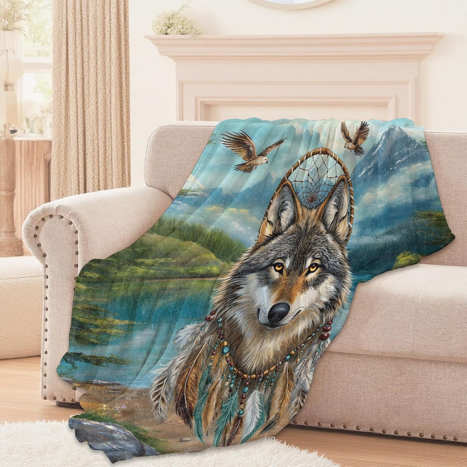 Wolf Pattern Blanket, Lightweight Comfy Tribal Dreamcatcher Design Blankets for Couch Sofa Bedroom, Soft Plush Travel Flannel Throw Blanket Gifts for Adults Kids Women, Home Decor 60×50in - Image 2