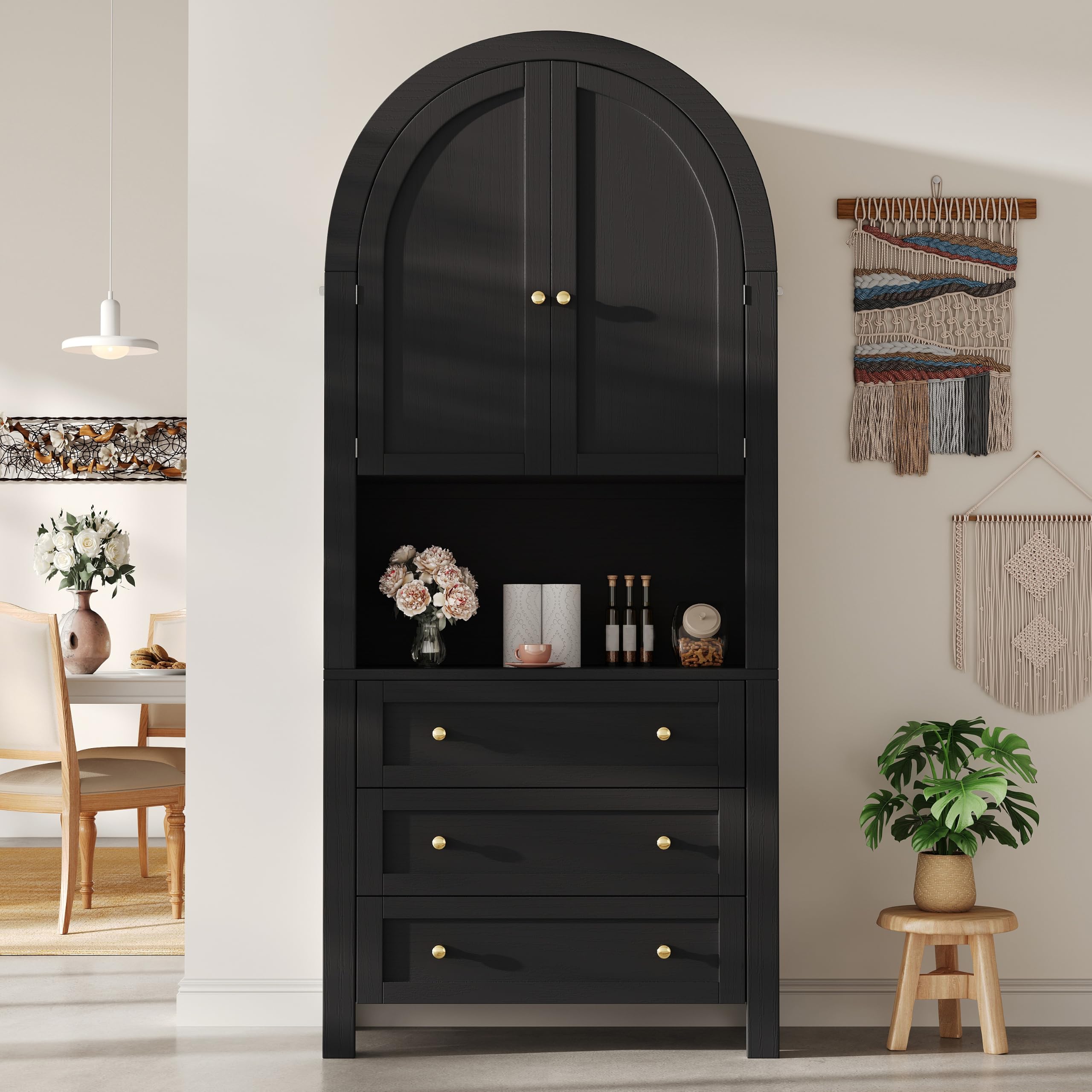 Armoire de rangement à 3 tiroirs, armoire multifonction haute | Zone d'exposition ouverte, armoire de cuisine avec portes arquées, pour cuisine, salon, couloir, 70 x 35 x 180 cm, noir