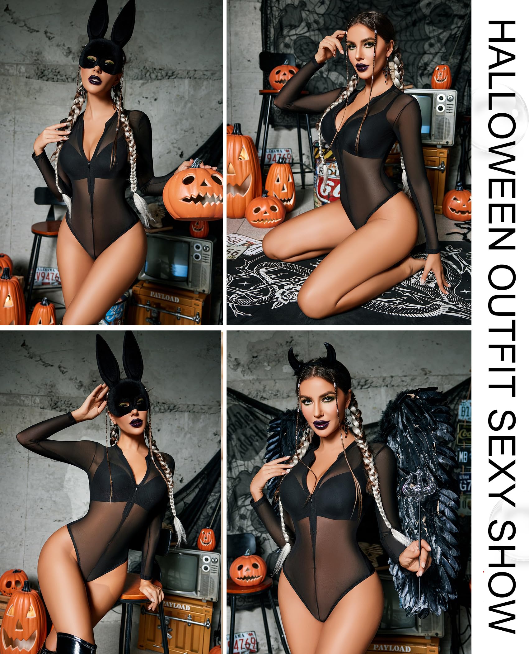 Avidlove Women's Mesh Bodysuit - Long Sleeve Snap Crotch See Through Zipper Sheer Leotard: Black Small