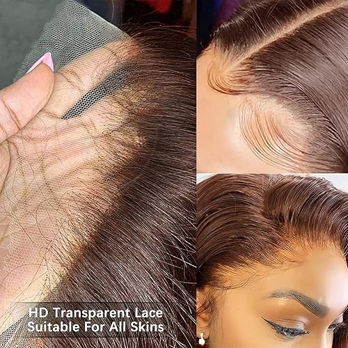 Miniatura 4 de Pelucas de cabello humano lacio color marrón chocolate de 13 x 4 con encaje frontal transparente HD 180% de densidad, cabello humano virgen