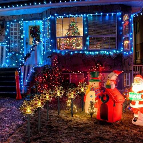 Miniatura 6 de Wettal Juego de 10 luces de camino de Navidad con energía solar, 5 luces de camino de muñeco de nieve, 5 luces de copo de nieve, impermeables,