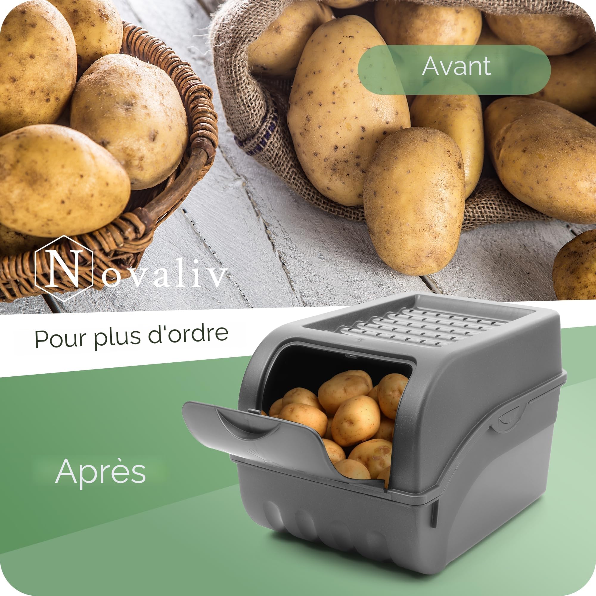 Novaliv Boîte de rangement pour pommes de terre | 2 x 5 l | Gris anthracite | Boîte à oignons et légumes empilables