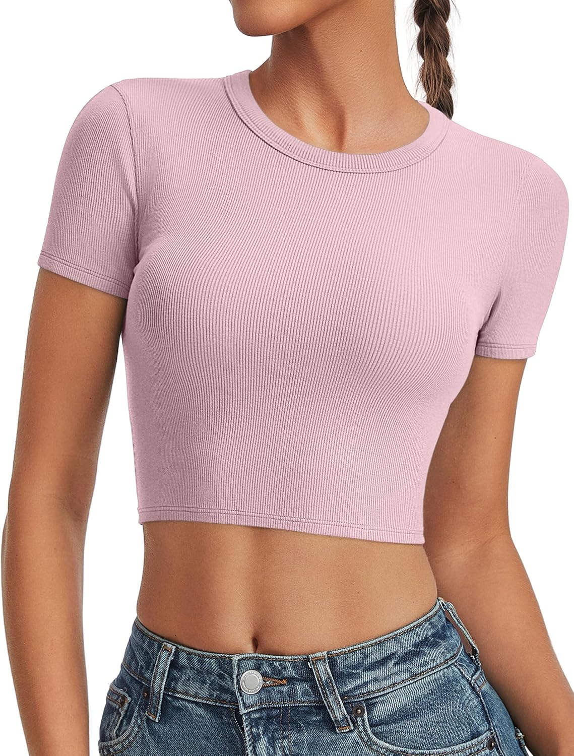 Crop Tops for Women Ribbed Crew Neck Short Sleeve Basic Tees Fitted T-Shirts Gym Workout Yoga Shirts