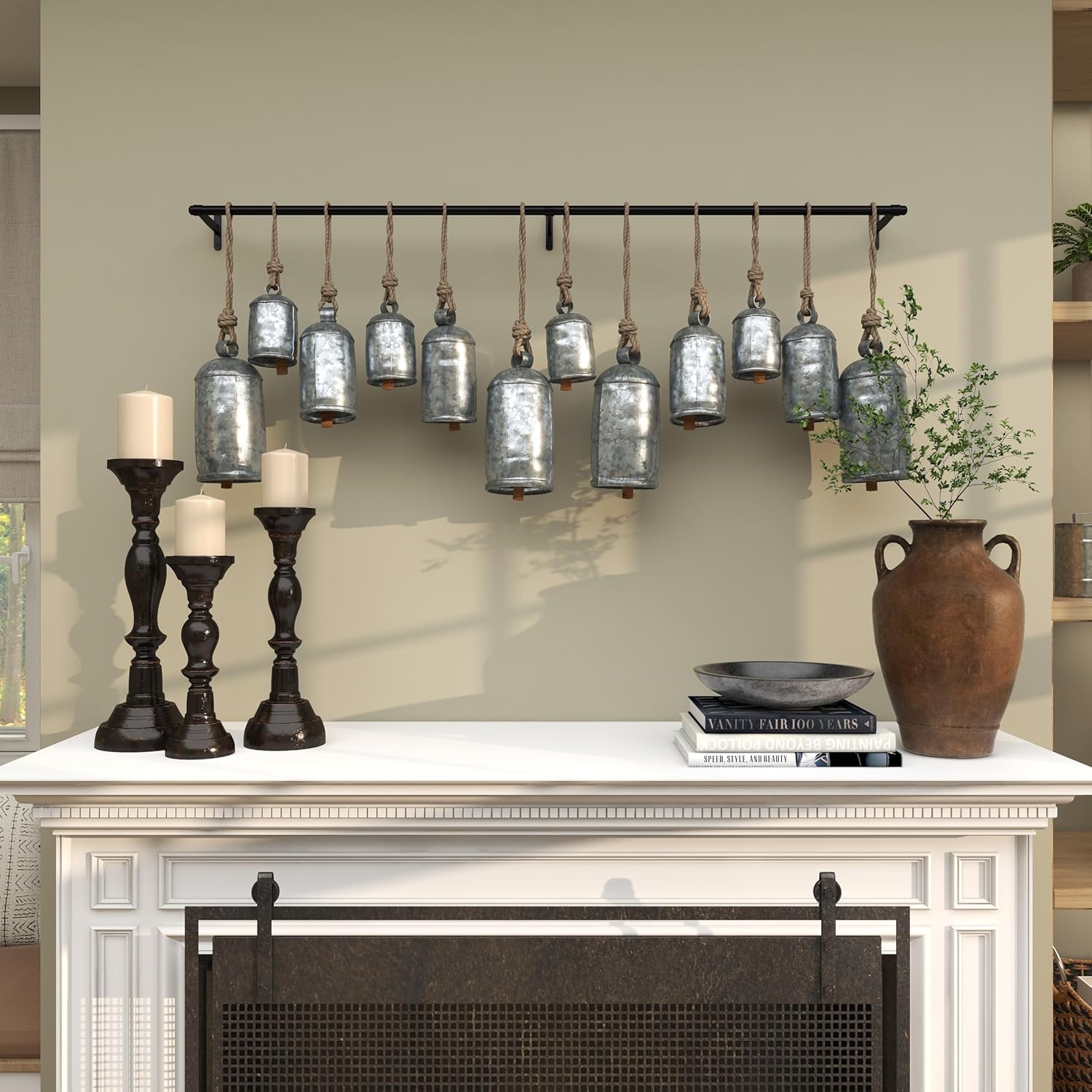 Deco 79 Metal Decorative Cow Bells Tibetan Inspired 12 Bell with Jute Hanging Rope and Black Metal Rod, 48" x 6" x 20", Gray