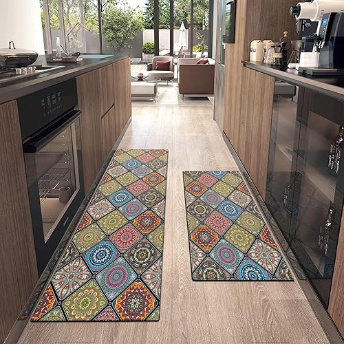 Miniatura 2 de Faptoena Juego de 2 alfombras de cocina con diseño bohemio con mandala, alfombras y tapetes de cocina con medallón floral tradicional,