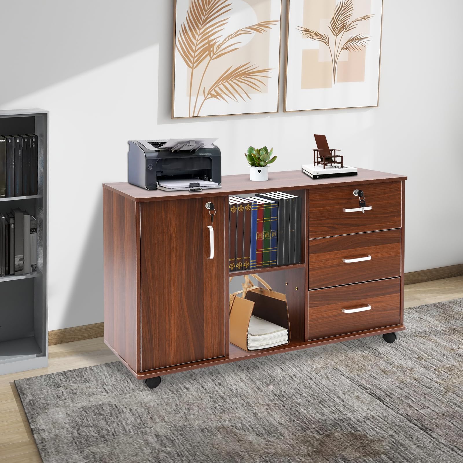 Armadietto mobile con chiusura a chiave, 90 x 34 x 59 cm, ampio spazio per ufficio, con 3 cassetti e 5 ruote, mobile per ufficio, studio, scuola (rovere nero)