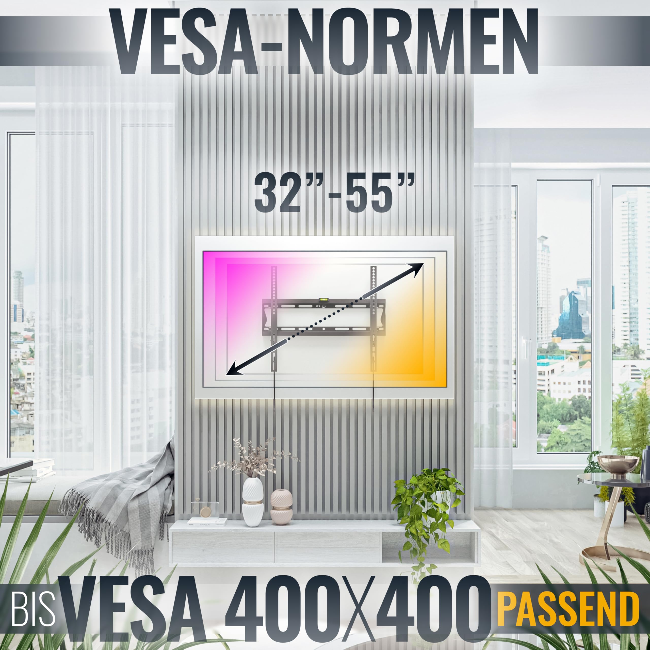 RICOO TV muurbeugel TV plat ultra slim voor 32-55 inch, universele tv-beugel F2044, televisiebeugel voor muur, muurbeugel TV 55 inch tot 35 kg met max. VESA 400x400 mm