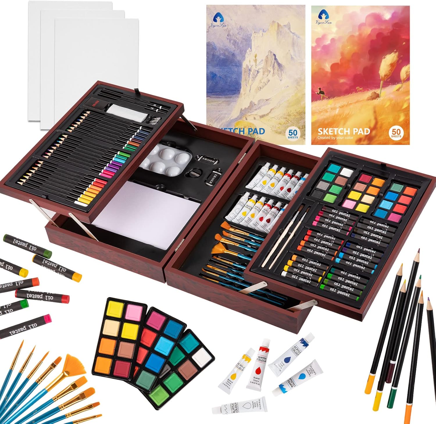 Art Supplies, 130 Pieces Wooden Art Set with 2 Drawing Pad, Portable Art Case Painting Kit Includes Colored Pencils, Watercolor Paint, Acrylic Paint, Creative Gift for Kids, Adults, Teens Girls Boys : Arts, Crafts & Sewing
