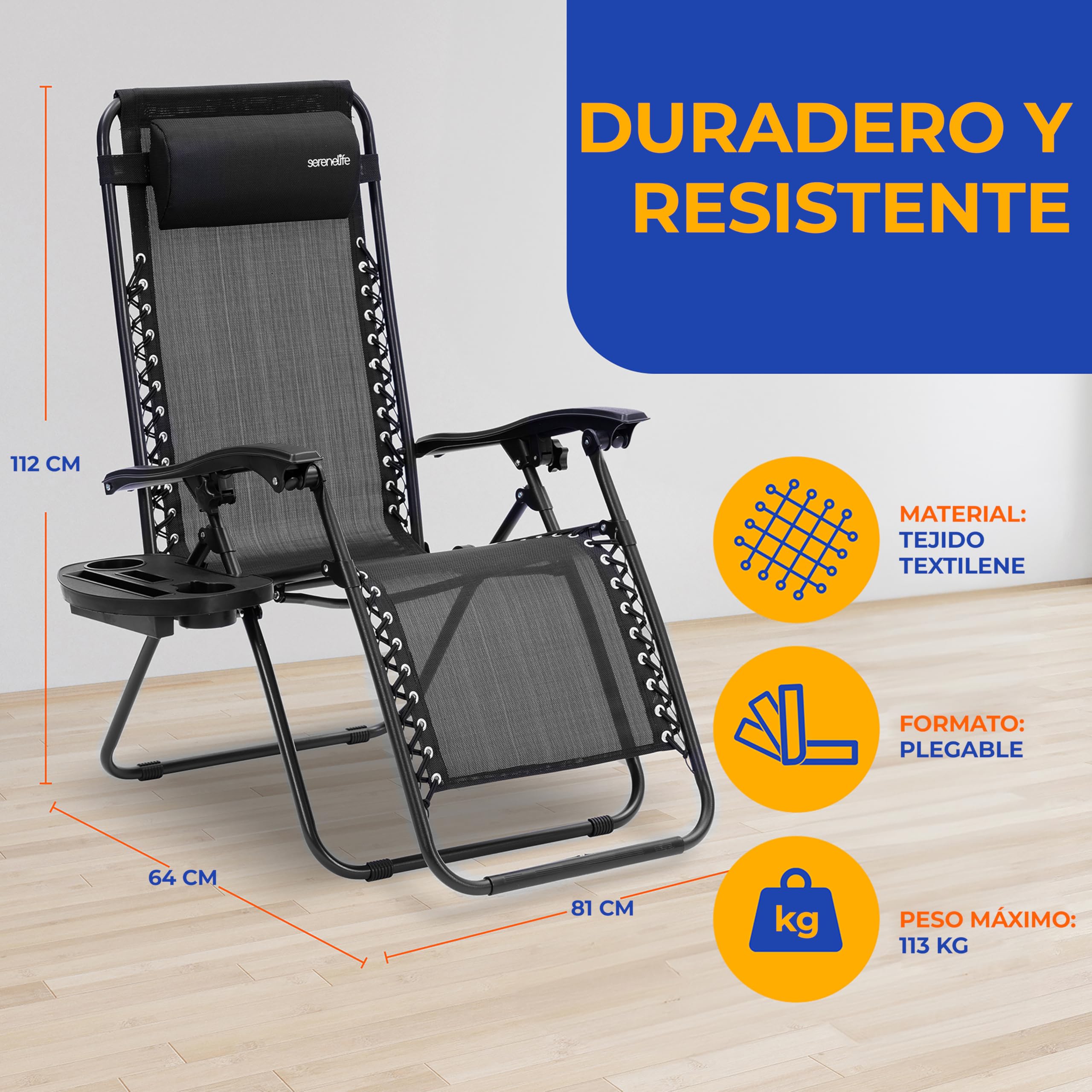 SereneLife sillas reclinables de Exterior, Set de 2, Tumbonas de Malla de Acero, con Almohada Desmontable, Portavasos, Plegables, Ajustables, Portatiles, Zero Gravity, Camping, Patio, Piscina o Playa