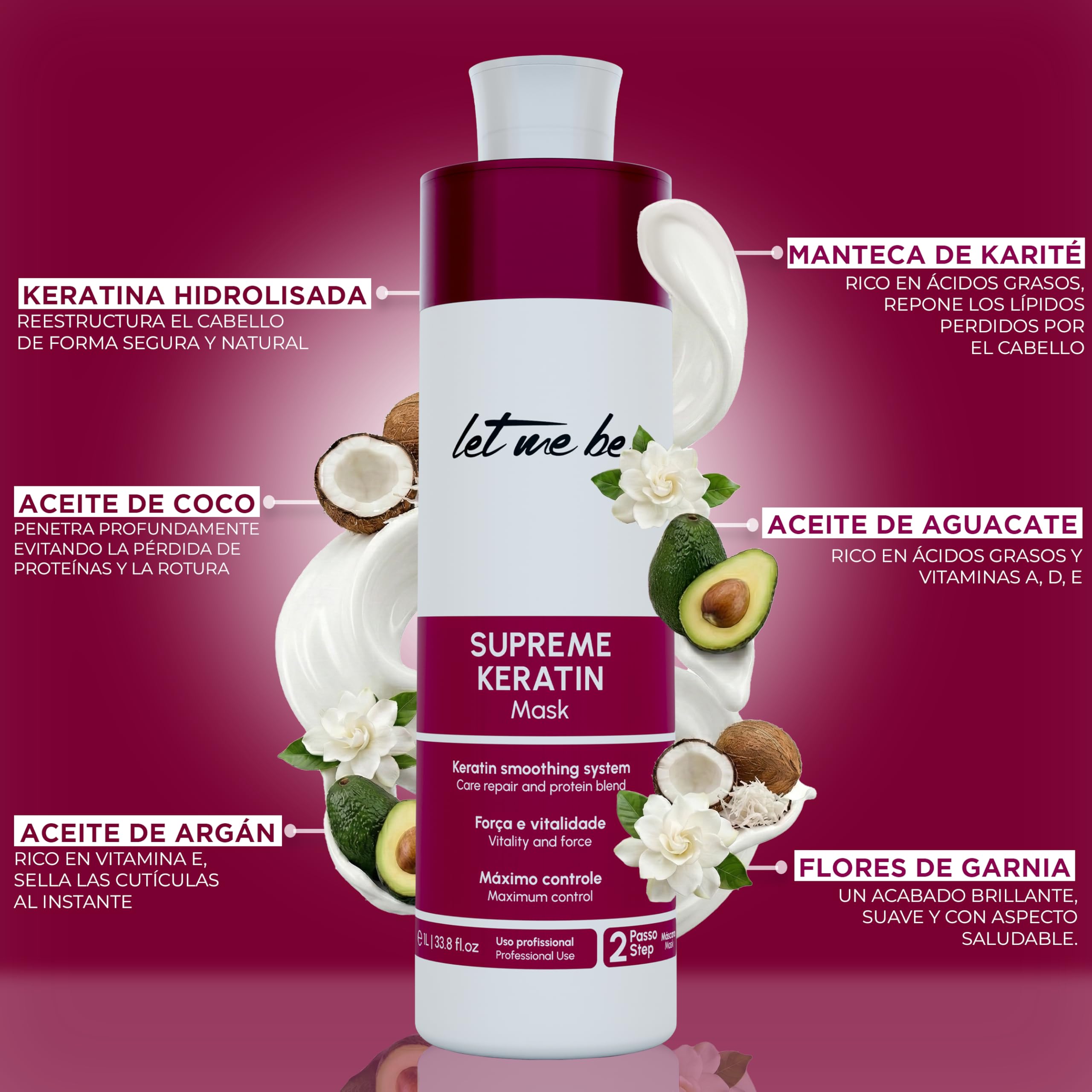 Let Me Be - Kit lisciante alla cheratina Supremeliss Mask, 2 in 1, Shampoo e Maschera anti-residui, Pulizia profonda e lisciatura 100% brasiliana, Lunga durata (2x1L)