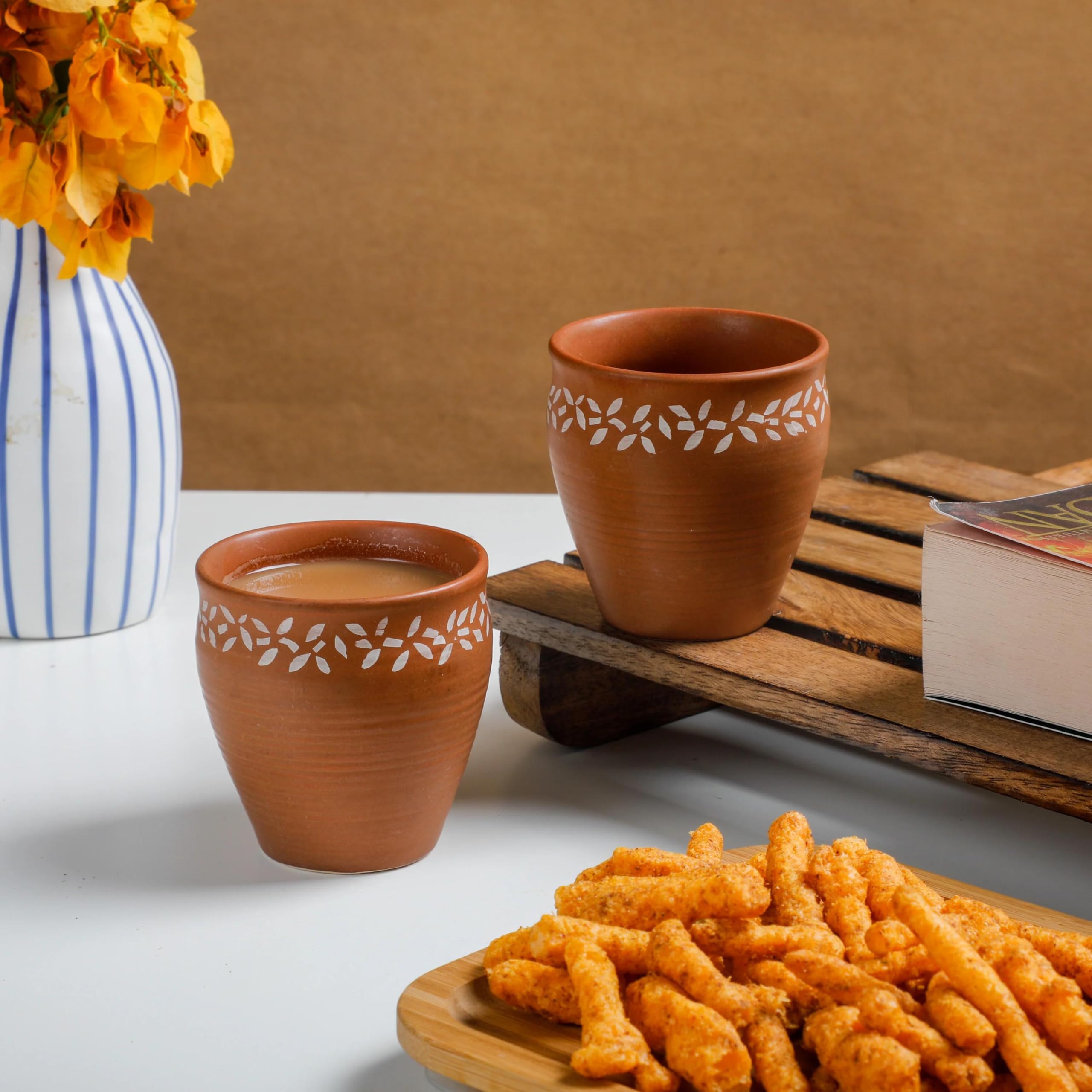 Desi Favors Floral Kulhad Tea Cup | Indian Ceramic Tea Cups | Kulhar Kulhad Cups | Traditional Chai Coffee Teacups, Clay Mugs, Camping Mug, Coffee Mugs for Hot Drinks - 2.56x2.76 Inch (Pack of 6)