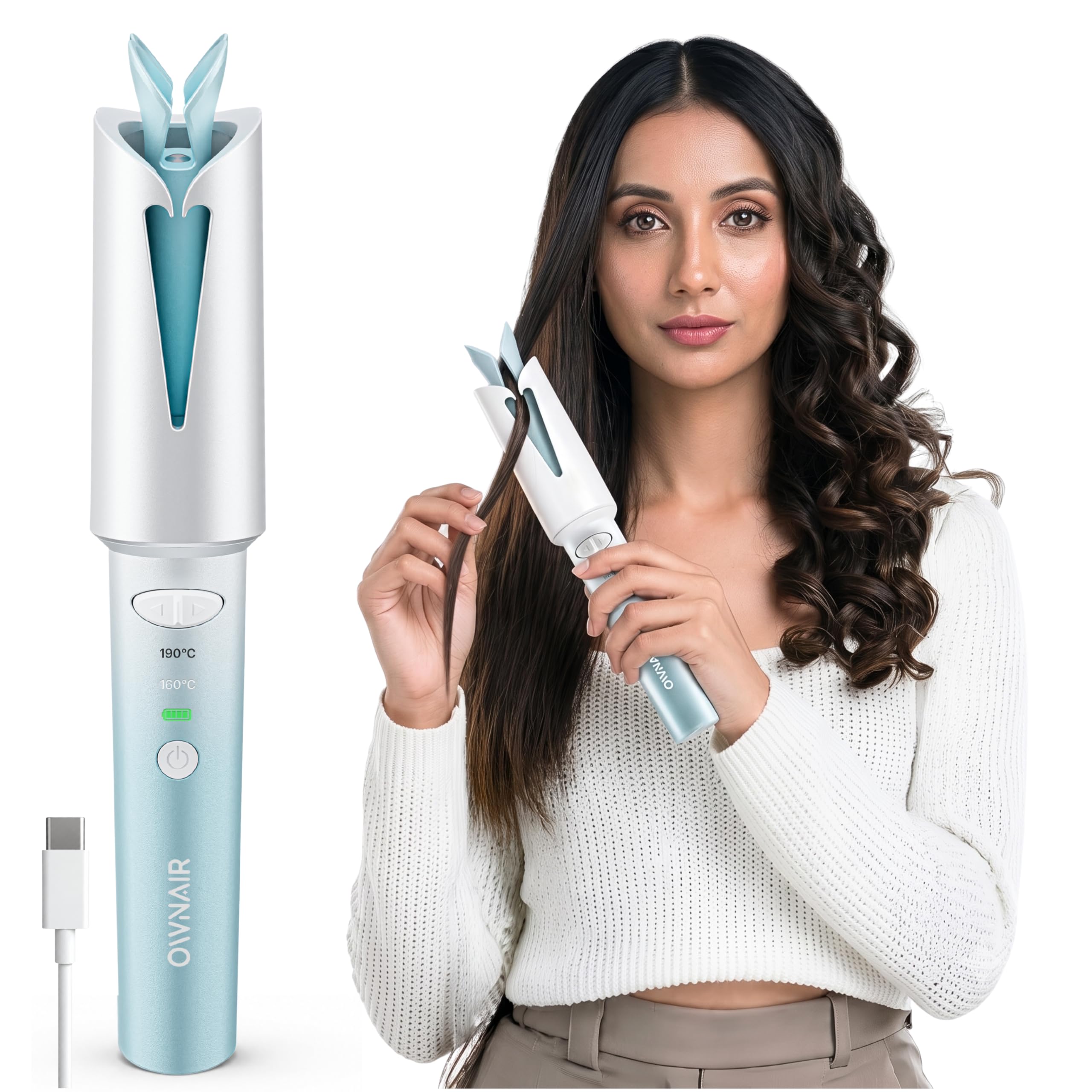 Ownair Automatic Hair Curler Machine, Cordless Auto Hair Curler, 4200 mAh Rechargeable Battery, USB C Fast Charging, Left & Right Curl Modes, 160°C & 190°C Temperature Settings, Portable Curling Iron for Salon Quality Curls