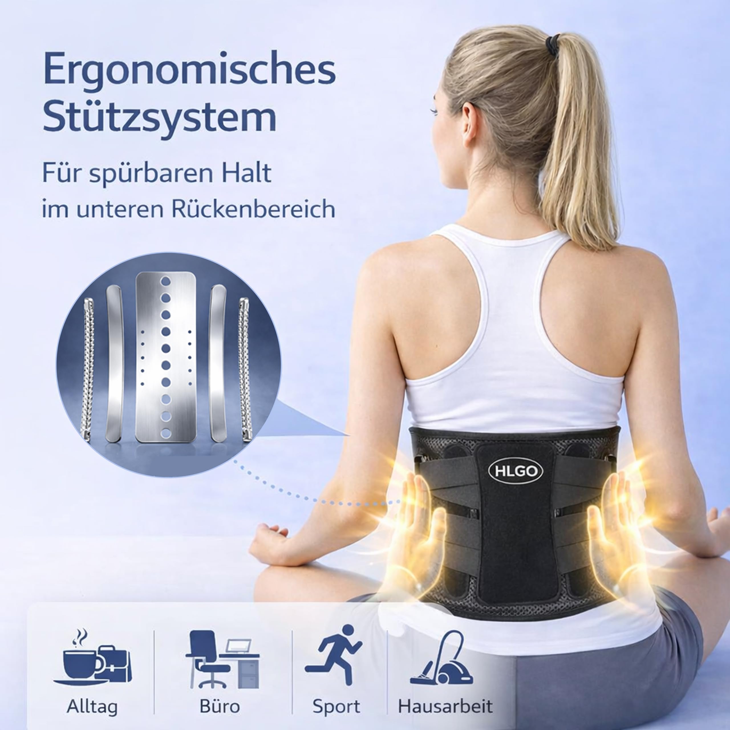HLGO Ceinture Lombaire avec Supports Métalliques Solides, Ceinture de Soutien Dorsal avec Coussin 3D, pour Soulager les Douleurs Lombaires, Confortable, Respirante, pour Homme et Femme (Taille S)