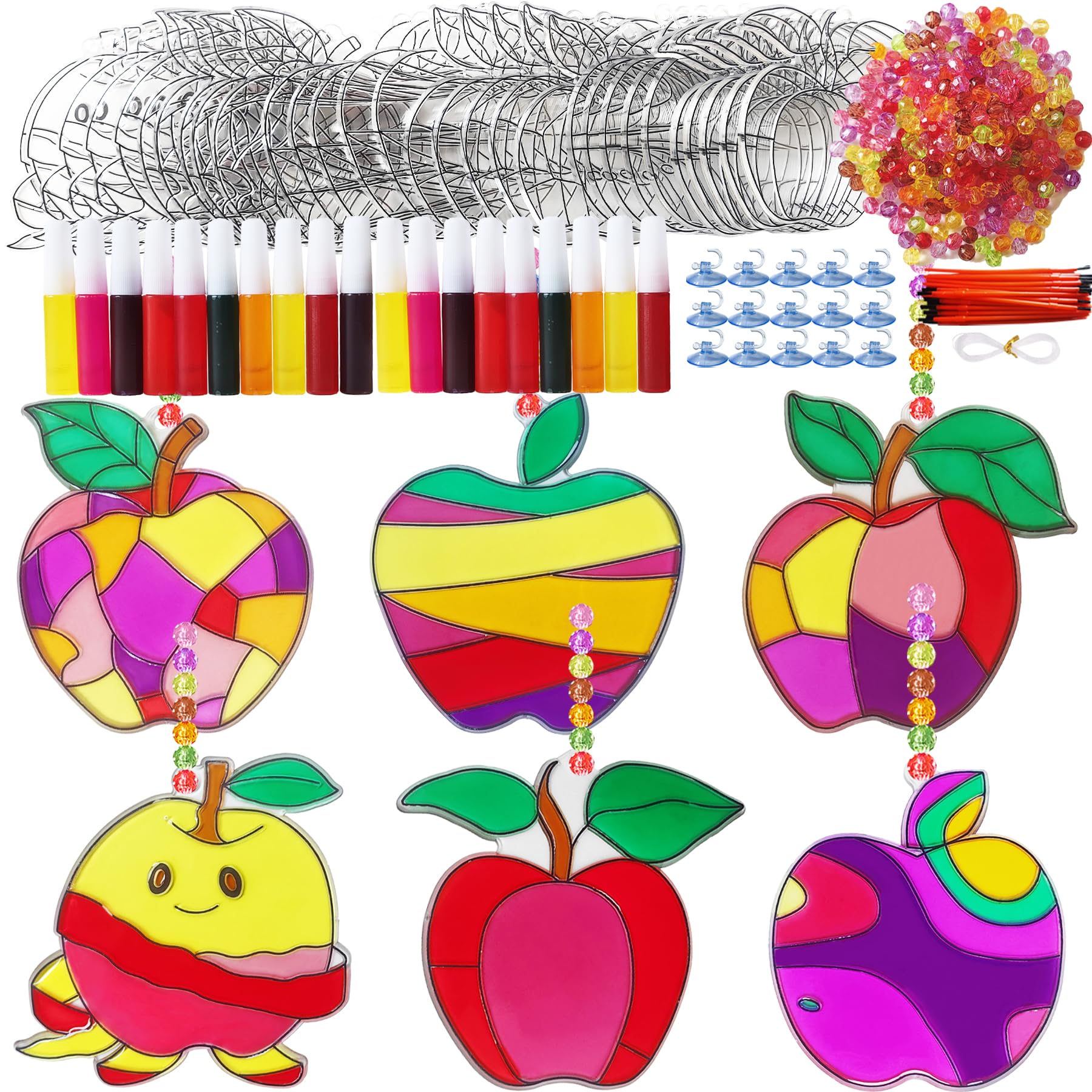 Ayhuhra 30 Sets Apple Suncatche Craft Kits Blank Back to School Sun Catcher DIY Window Paint Art Sets for First Day of School Supplies Home Party Activities Art Project