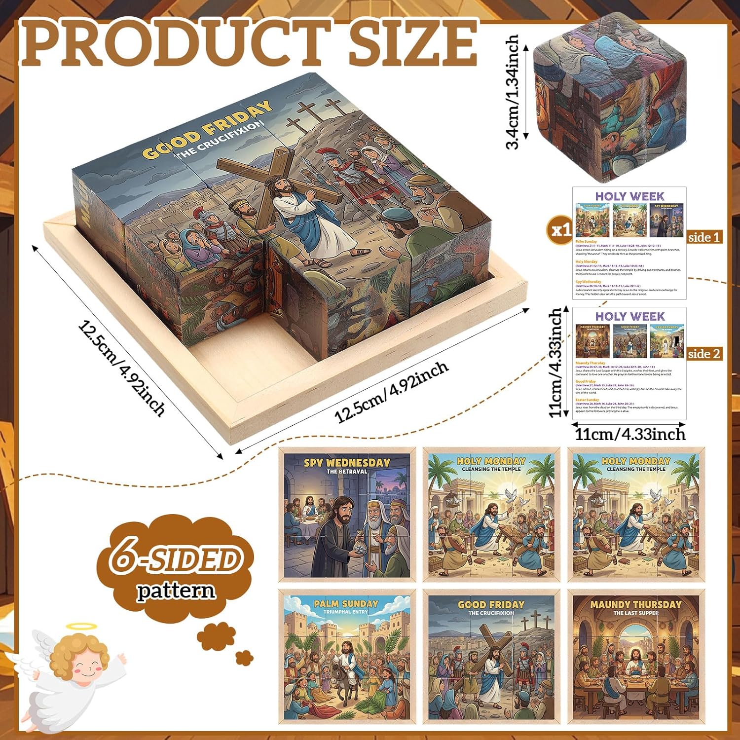 Soulchen Wooden Christian Easter Jesus Block Puzzles with Wooden Puzzle Tray Holy Week Story Card for Christian Educational Activity Easter Jigsaw Gift for Religious Sunday School Activities
