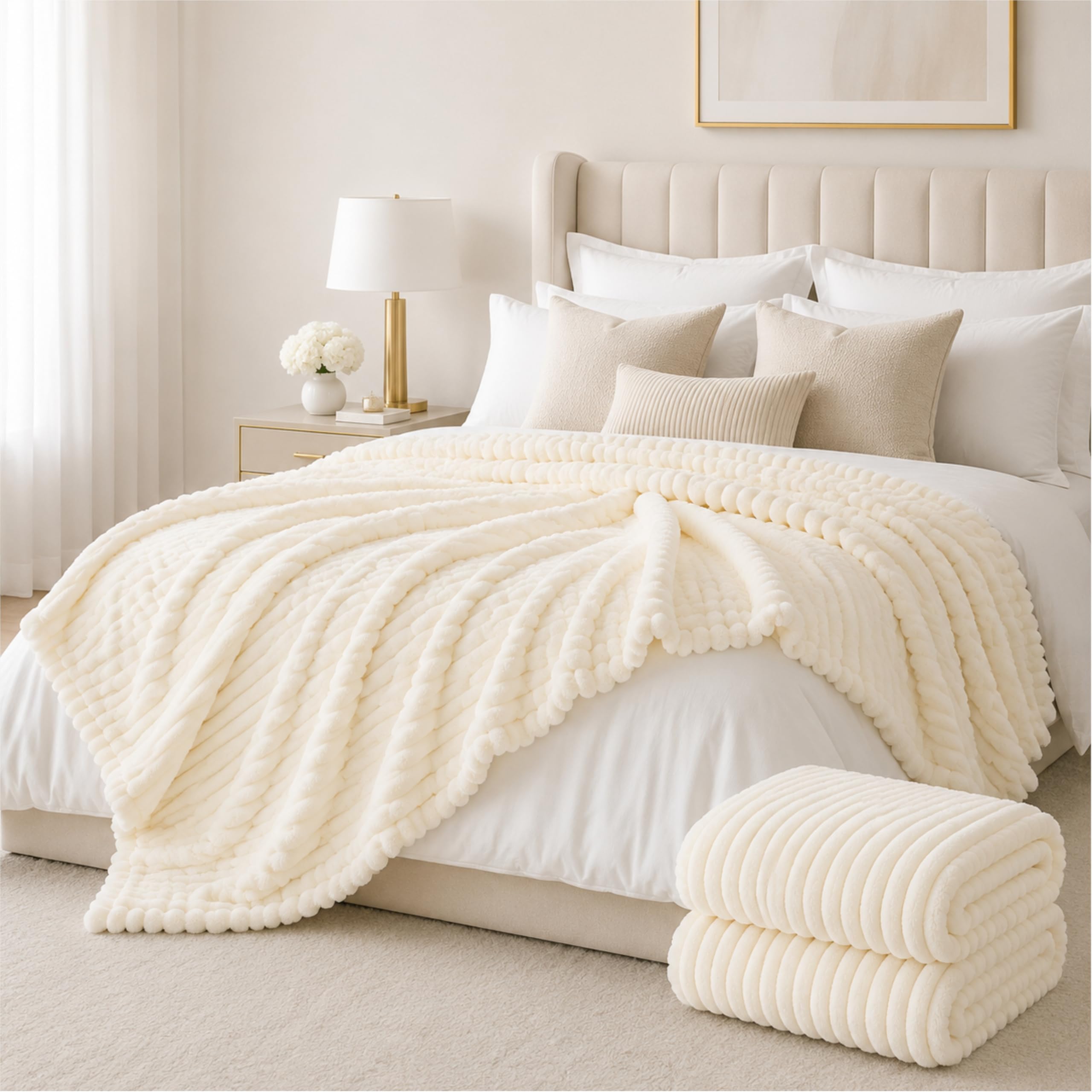 CHILIMILII Fleece Stripe Throw Blanket Cream, Single 130x150cm for Sofa-350 GSM-100% Polyester Soft Cosy Warm Fluffy for Bed/Couch-Gift for Women and Girls-Lightweight for All Seasons