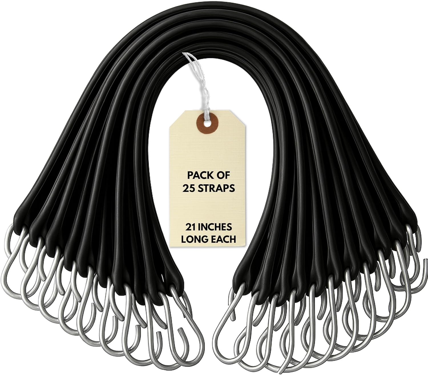 21″ Rubber Bungee Cords with Hooks – 25 Pack Heavy Duty Rubber Tie Down Straps with Stainless Steel Hooks for Flatbed Trucks, Tarps, Gear, and Cargo
