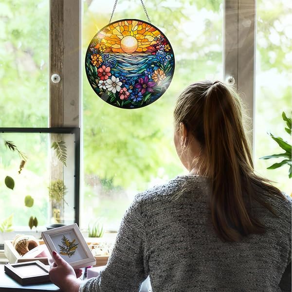 Coucher De Soleil Attrape-Soleil en Vitrail, Décoration De Fenêtre Suspendue Fleurs Attrape-Soleil Artisanal, pour Décorer Un Jardin, L'intérieur Ou L'extérieur, Cadeau De Noël 20 X 20 cm - 4