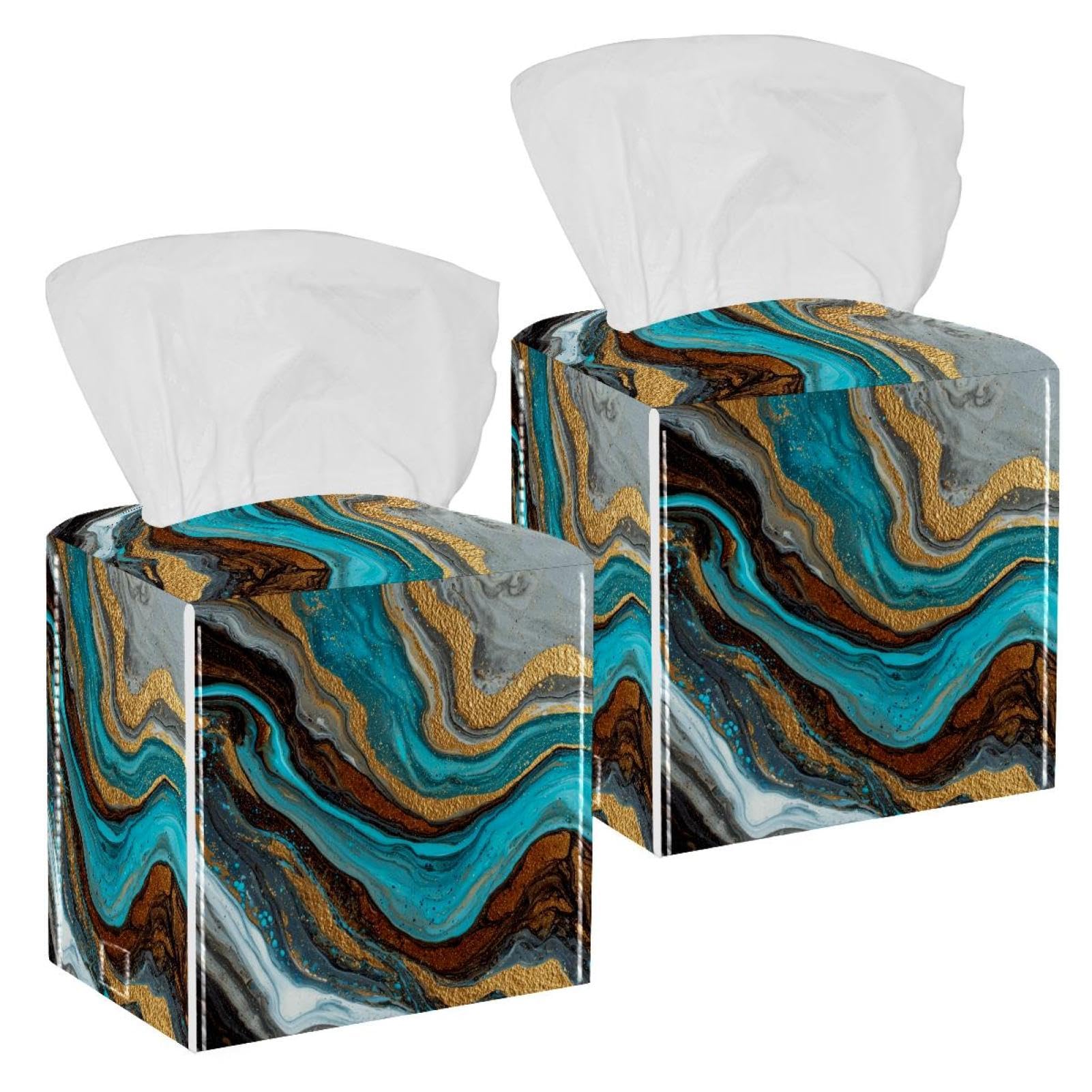 Marble Texture Tissue Box Cover, 2 Pack PU Leather Square Facial Tissue Dispenser Box holder for Home Office Car