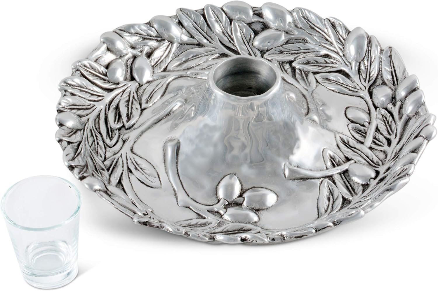 Arthur Court Aluminum Metal Olive Pattern Tidbit Cheese Hors d'oeuvres Tray with Glass for Toothpick - Outdoor Entertaining Platter Plate Aram 10.5 inch Diameter x 2 inch Tall