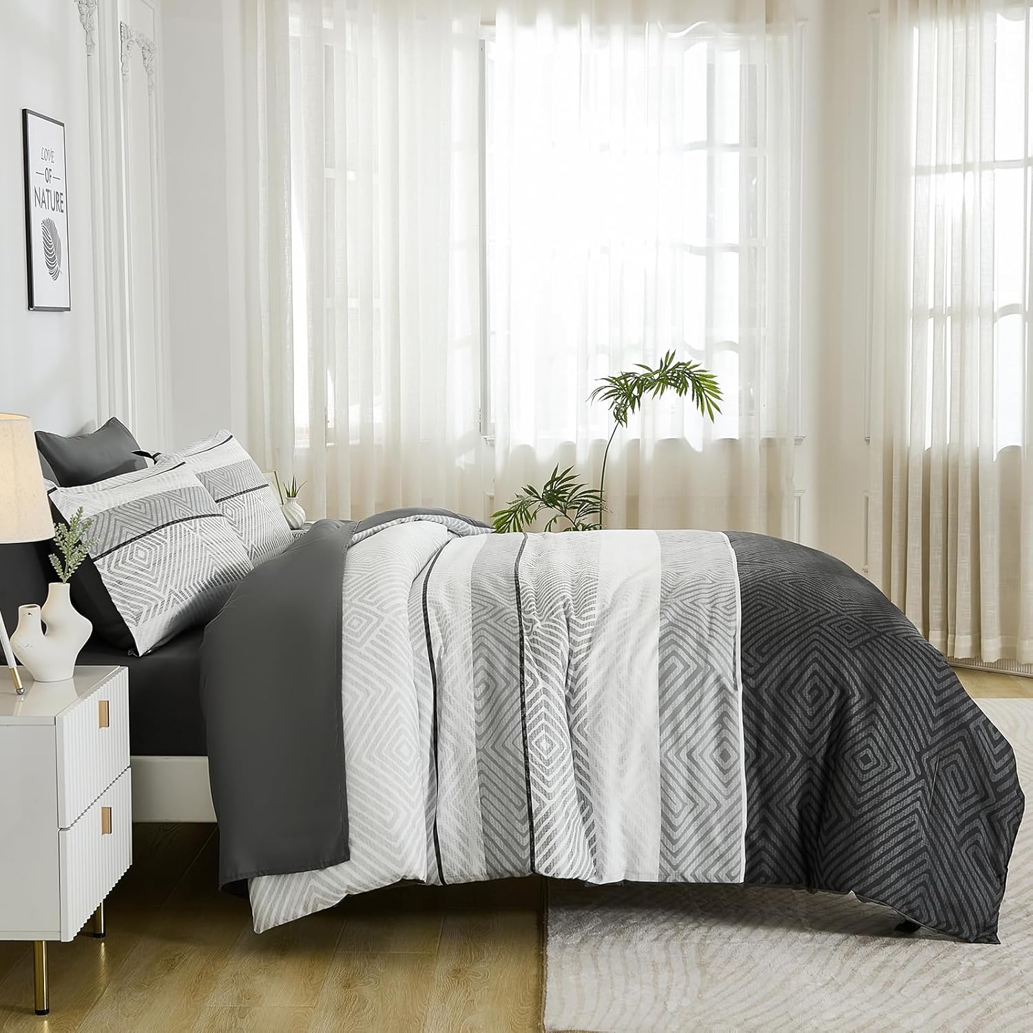 Drucon Black and Grey Comforter Set King Size 7 Piece Bed in a Bag, Boho Striped Bedding Set, Soft Microfiber Comforter and Sheet Set for All Season (King, 104"x90") - Image 4