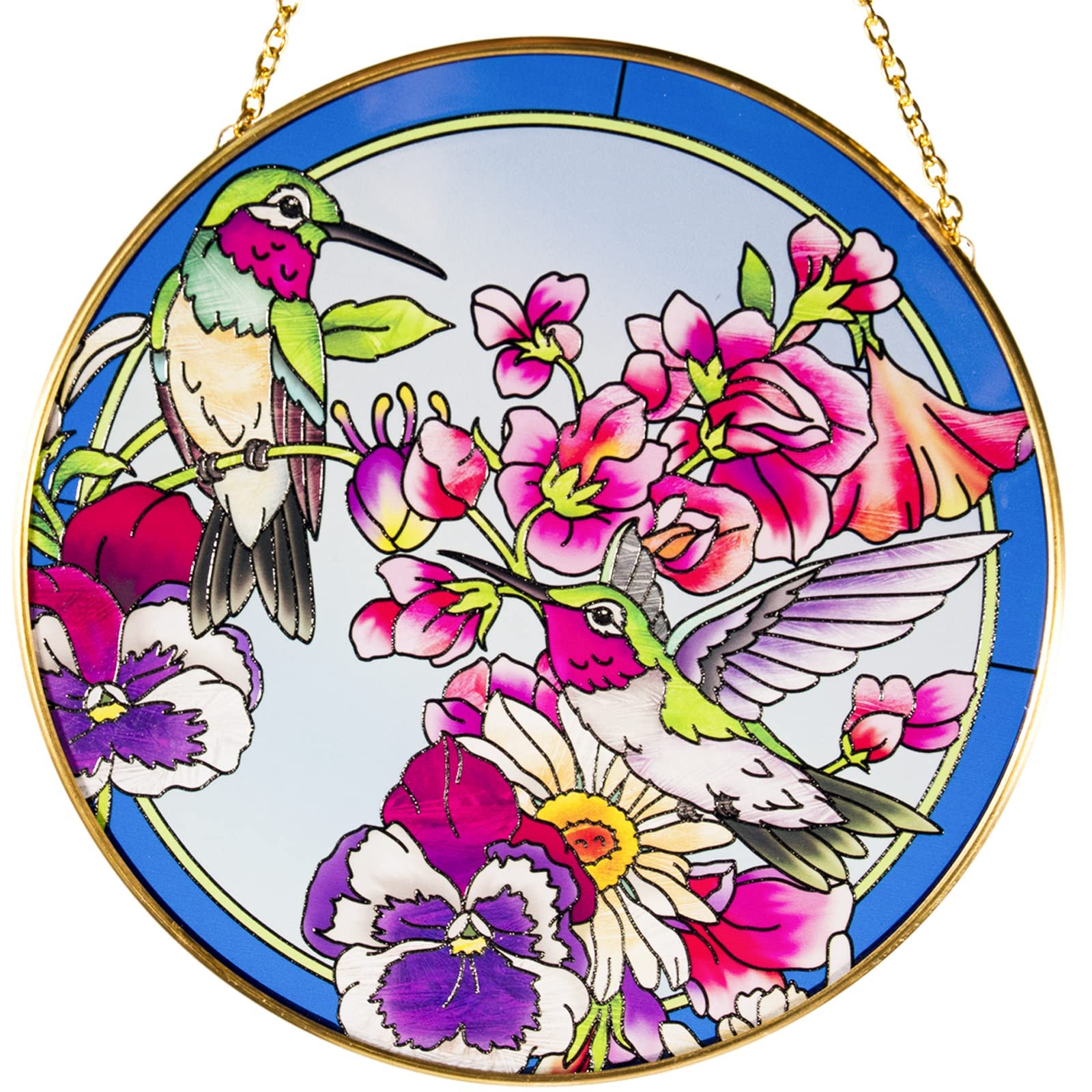 TERRIFIRound Hummingbird Stained Glass Window Hangings, Suncatcher for Window with Metal Chain, Hand-Painted Glass Panel Decor, for Bird Lovers Gift, for Mom, Grandma, Teacher (6.5×6.5”)