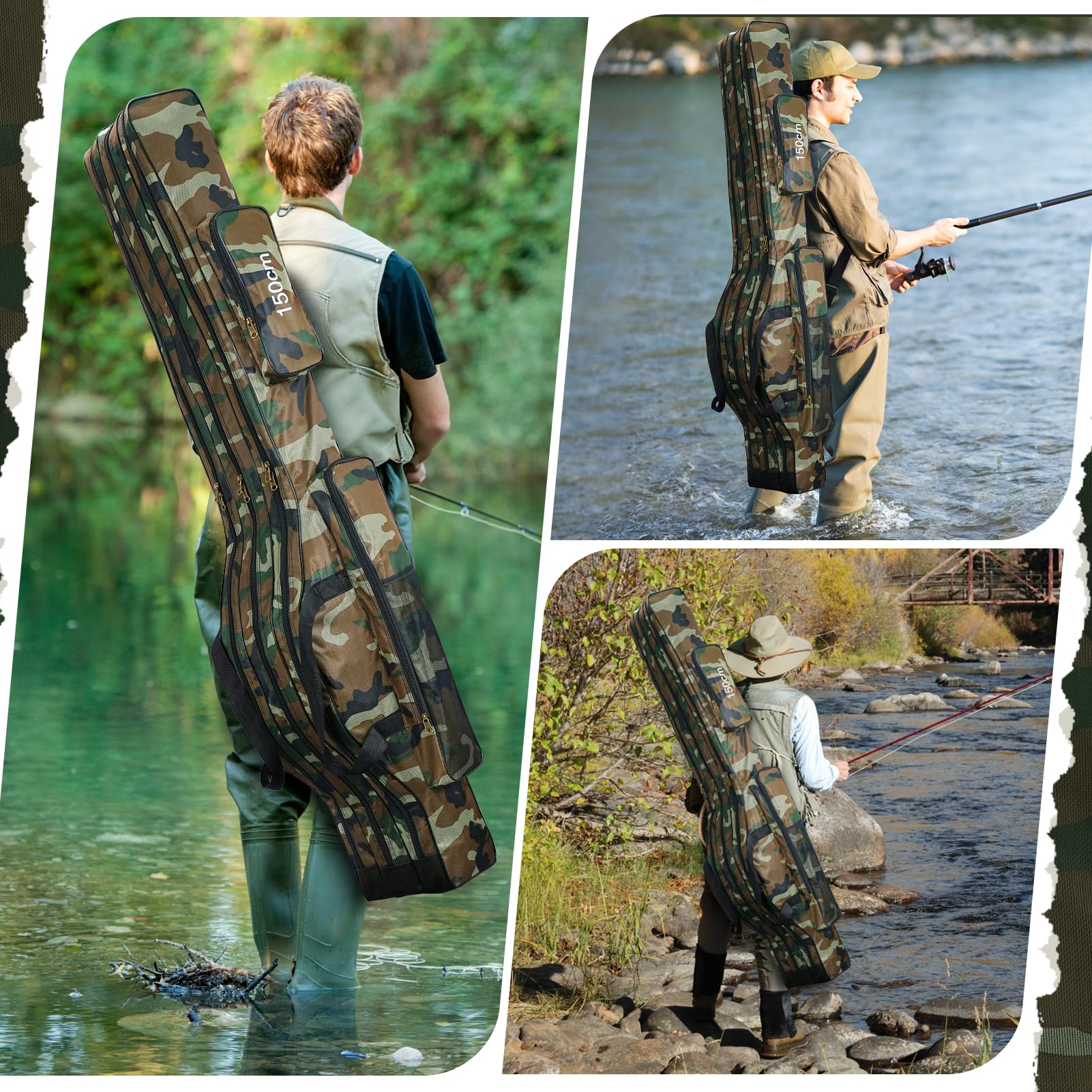 Bolsa para Caña de Pescar Portátil, 150cm Plegable Alta Capacidad Bolsa de Almacenamiento para Caña de Pescar con 3 Capas Impermeable Duradero Bolsa de Transporte para Caña de Pescar (Marrón)