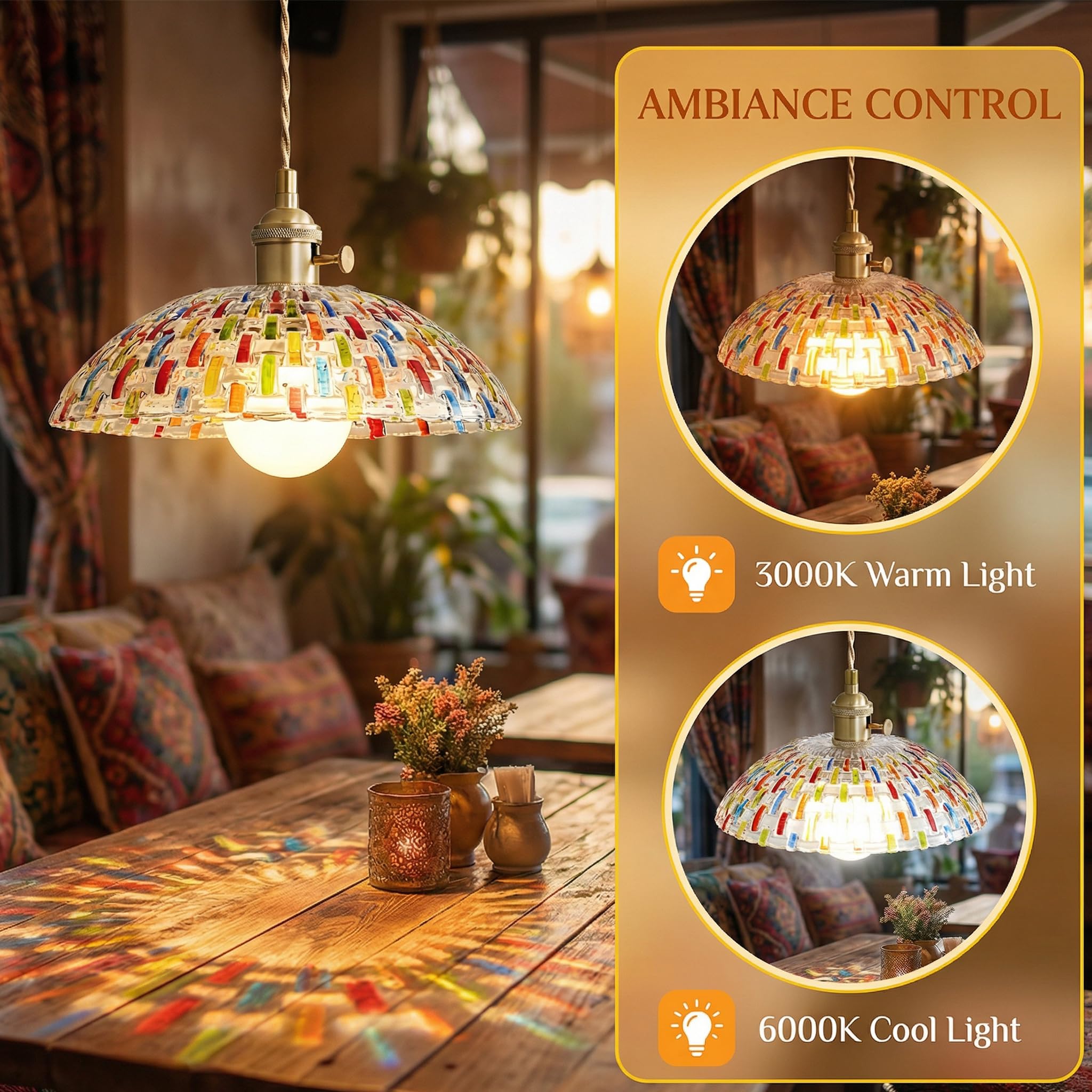 Lampada a Sospensione con Paralume in Vetro Mosaico Dipinto a Mano, Lampadario Sospesa da Soffitto Vintage E27 con Interruttore per Cucina Soggiorno e Sala da Pranzo (30cm)