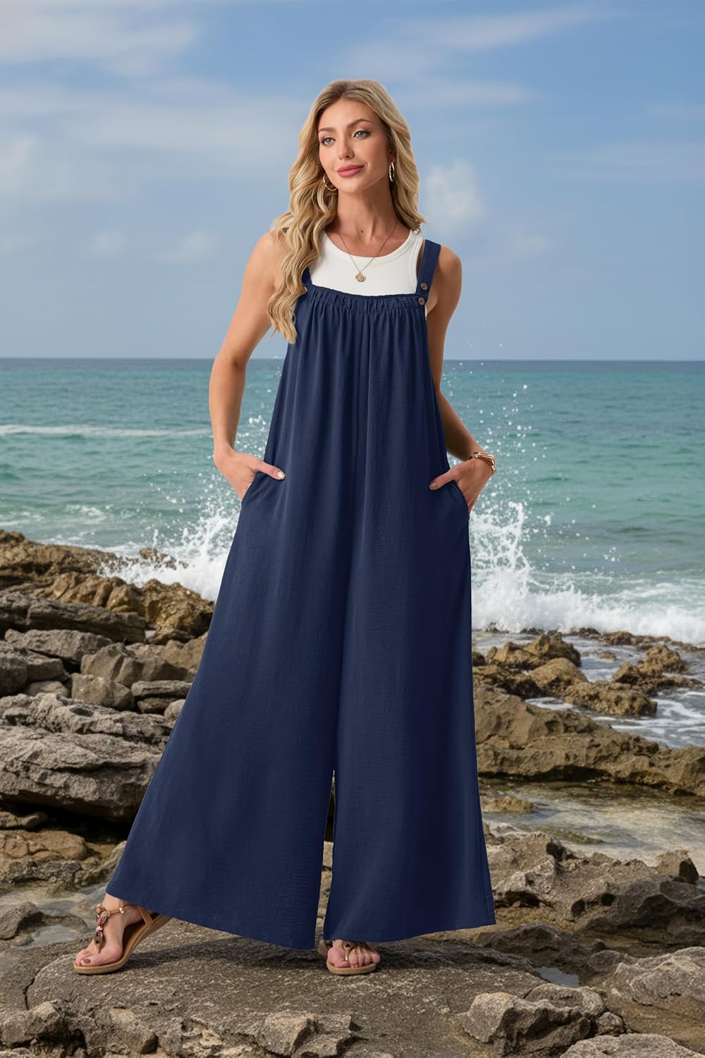 Lepunuo Womens Casual Jumpsuits Summer Boho Wide Leg Rompers Sleeveless Overalls Pleated Jumpers with Pockets - Image 3