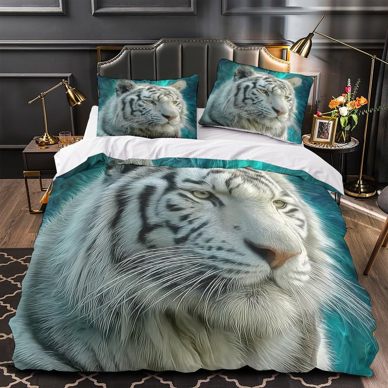 Parure de lit microfibre tigre blanc : housse de couette 3D 200x200 douce pour lit deux personnes