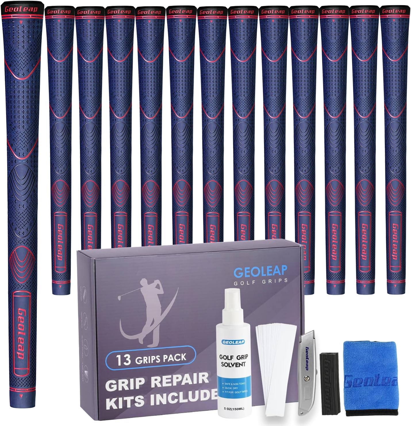 Geoleap Rubber Golf Grips Set of 13 -Grips with 15 Tapes and Grips with All Repair Kits for Choice, Non-slip and Shock-absorbing, Thumb Pattern Design, All Weather Performance and High Feedback Soft Rubber Golf Club Grips