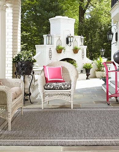 Vista 203 de Unique Loom - Colección Outdoor Border - Tapete para exteriores de borde suave - 5 pies 3 pulgadas x 8 pies, rectangular, azul/marfil azu/marfil