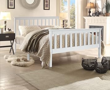 XEO HOME White 3ft Single Wooden Bed Frame Solid Pine Wood Furniture Shaker Stylish Finished Headboard High Foot End Adults Kids Teenagers 98X198X82cm 3ft-Single-Bed-Frame-Only