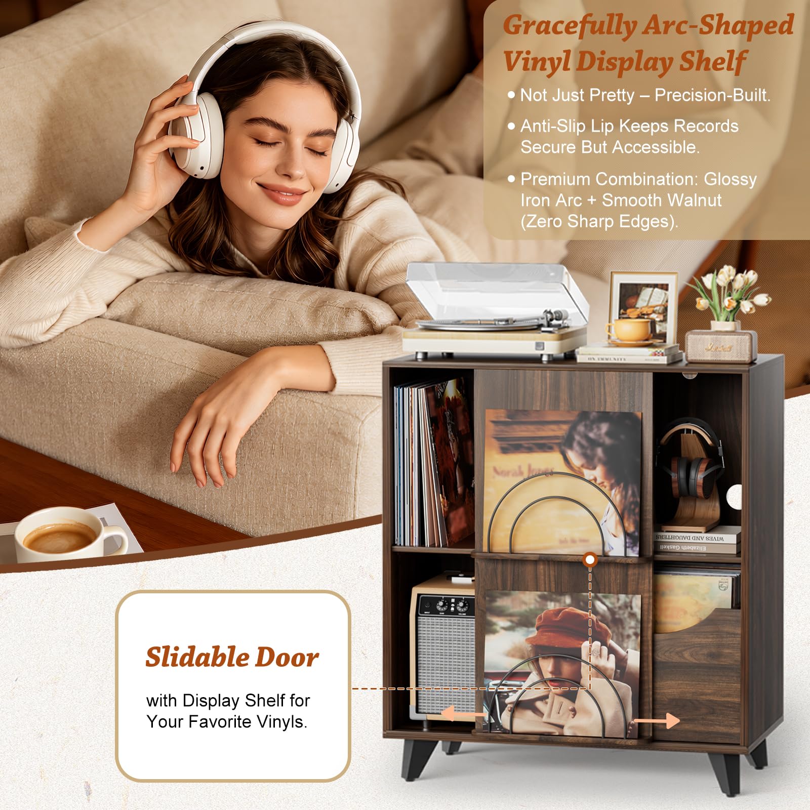 Bikoney Mobile Vinili - Mobiletto per Giradischi con Espositore Album | Supporto per giradischi e casse con 1 cassetto. Mobile TV retrò e credenza per dischi in legno.