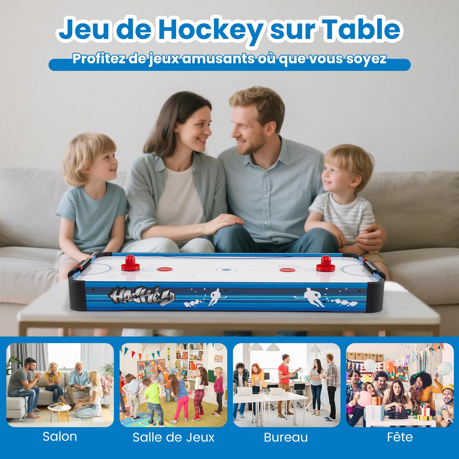 COSTWAY Table de Hockey à Air avec Ventilateur 12V & Pointage Manuel Coulissant, Table de Jeu Compact avec 2 Palets & 2 Poussoirs, Air Hockey pour Adultes Enfants pour Salle de Jeux Bureau