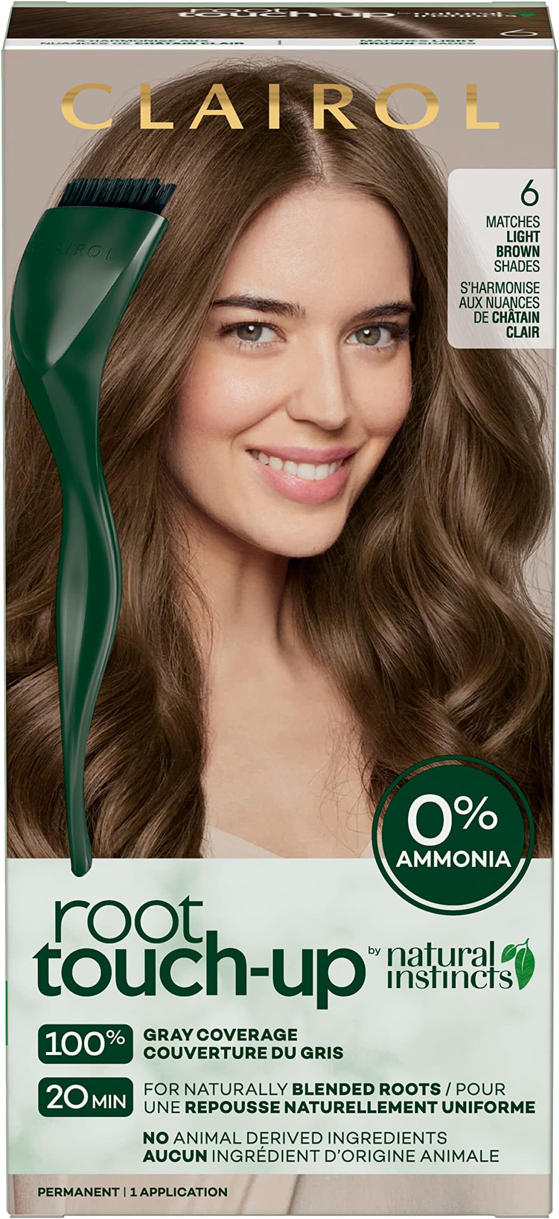 Clairol Root Touch-Up by Natural Instincts Permanent Hair Dye, 6 Light Brown Hair Color | Naturally Blended Roots with 100% Gray Coverage | Vegan & Ammonia Free Formula | Pack of 1