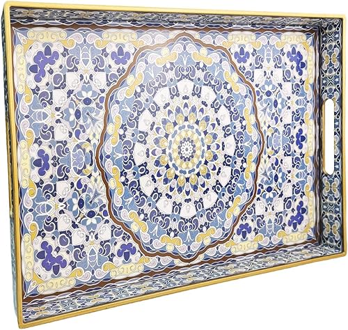 Umisriro Bandeja decorativa azul, bandeja para servir con asas, bandeja grande de plástico para mesa de café, sala de estar, decoración, 15.7 x 11.8