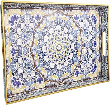 Blue Decorative Tray, Serving Tray with Handles, Plastic Large Tray for Coffee Table, Living Room, Decor, 15.7*11.8*1.6"
