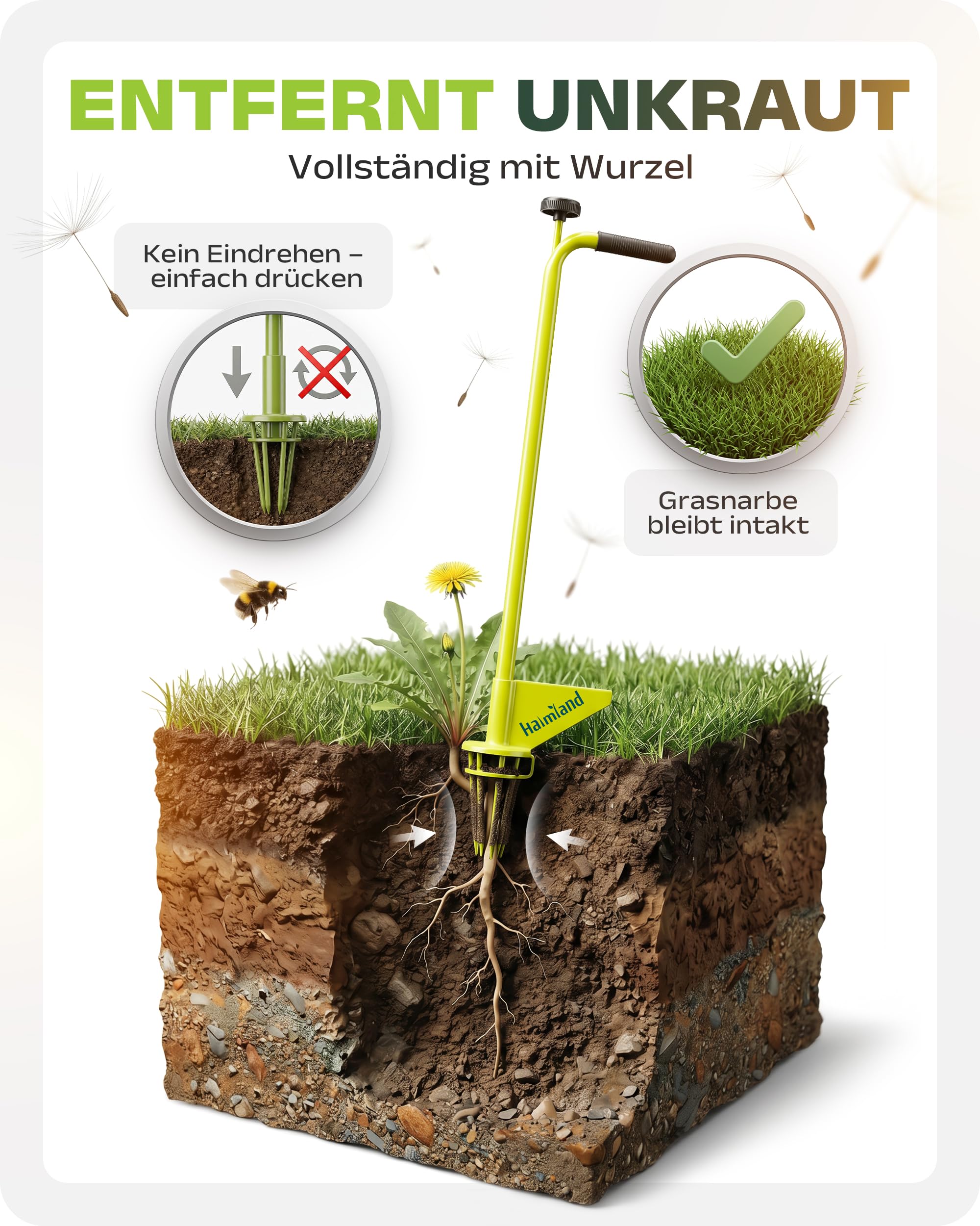 halmland® Désherbeur professionnel avec 6 griffes pour un retrait facile des mauvaises herbes - Appareil d'élimination des mauvaises herbes avec long manche - Pince à dents de pissenlit - Outil de